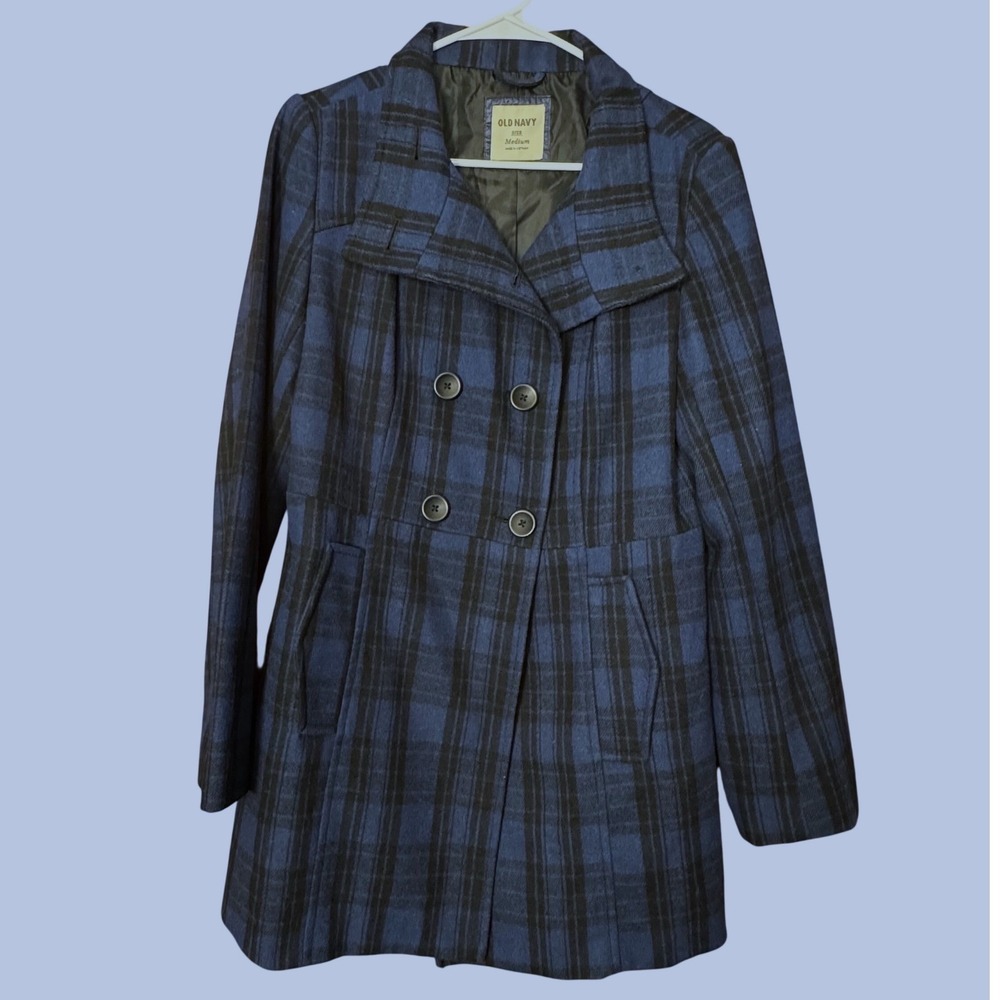 Old Navy Plaid Dbl Breasted Recycled Wool Blend Coat Women M Blue Black Pea Coat